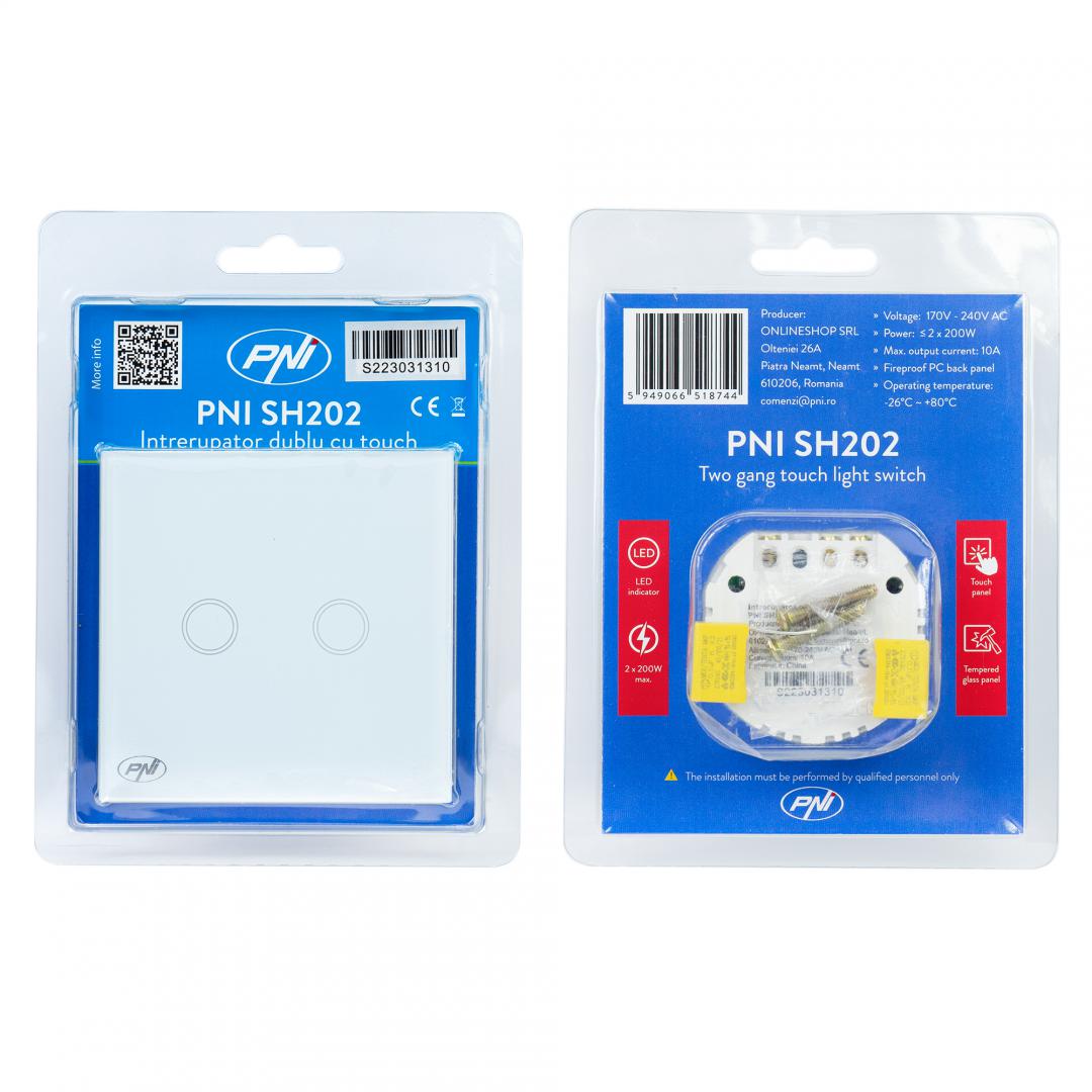 Intrerupator dublu cu touch PNI SH202 din sticla, alb cu - imagine 3