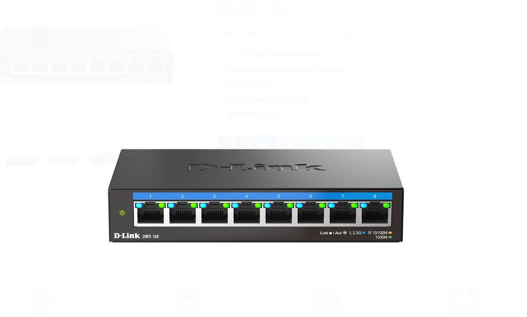 – D Link Dms – 108 Unmanaged Switch 8 Port, Interfata: 8 X 10/100Mbps/1G/2.5G