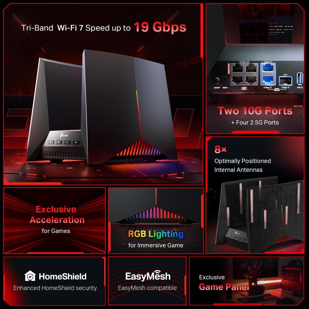 TP-LINK Router wireless TRi-Band Archer GE800, Otel inoxidabil, BE19000, Viteze - imagine 5